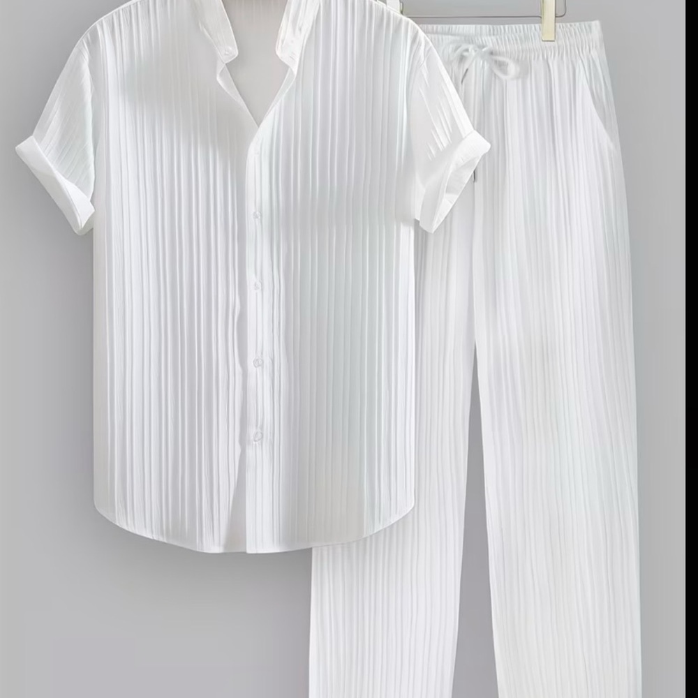 White Pleated Two-Piece Set - Button Short Sleeve Top & Drawstring Pants